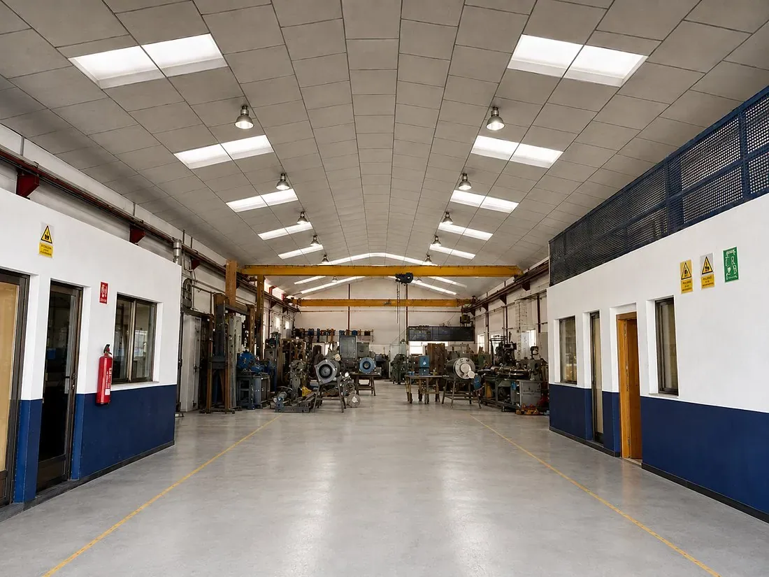 Interior de la nave del taller de Albacete, con el puente grúa y los bancos de reparación